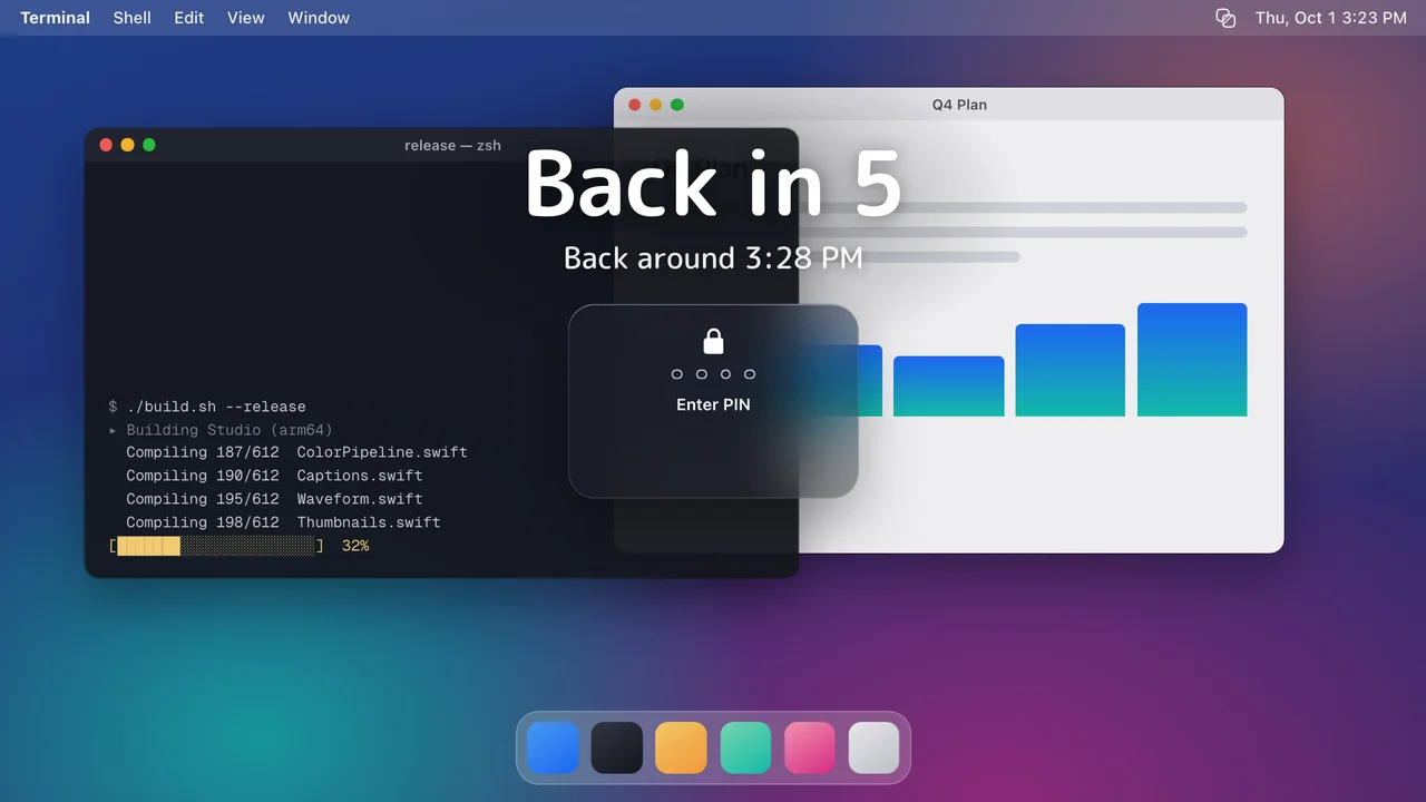 Dimma Screen covering a Mac desktop with an away note and a PIN prompt